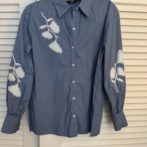 Navy and Light Blue Striped Blouse Tunic Length. Classic Style S